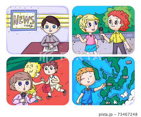 Cute kid journalist work on TV isolated scene set 73467248