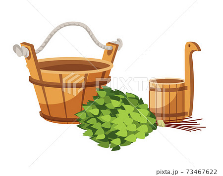 Wooden vessel and oak broom isolated on white 73467622