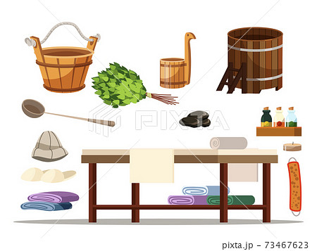 Bathhouse accessory set isolated on white backdrop 73467623