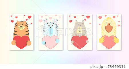 Cute cartoon animal holds a heart sign with copy space. set valentine's day greeting card banner invitation flyer brochure. cartoon hand drawn style. Little animals pets in love, declaration of love 73469331