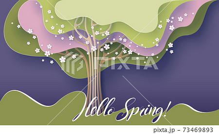 Hello Spring card. Tree with blooming flowers. Seasonal vector illustration 73469893