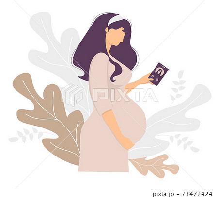 Motherhood. Happy pregnant woman with a mobile phone in her hand gently hugs her belly. Stands against the backdrop of decor from tropical leaves. Vector. flat illustration Motherhood. Happy pregnant woman with a mobile phone in her hand gently hugs her belly. Stands against the backdrop of decor from tropical leaves. Vector. flat illustration 73472424
