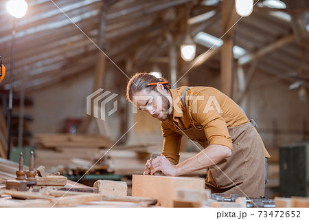 Carpenter working with a wood in the workshop Carpenter working with a wood in the workshop 73472652