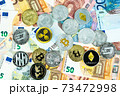 Various cryptocurrency coins on euro banknotes. Bitcoin, ethereum, litecoin 73472998
