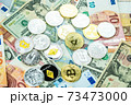 Various cryptocurrency coins on paper dollar and euro banknotes. Bitcoin, ethereum, litecoin and others modern virtual currency 73473000