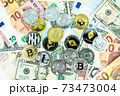 Various cryptocurrency coins on paper dollar and euro banknotes. Bitcoin, ethereum, litecoin and others modern virtual currency. Digital crypto. Metal cryptocurrency coins 73473004