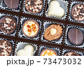 Different chocolate pralines. Box of belgian pralines of different shapes 73473032