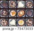 Different chocolate pralines. Box of belgian pralines of different shapes 73473033