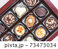 Different chocolate pralines. Box of belgian pralines of different shapes 73473034