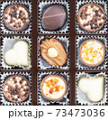 Different chocolate pralines. Box of belgian pralines of different shapes 73473036