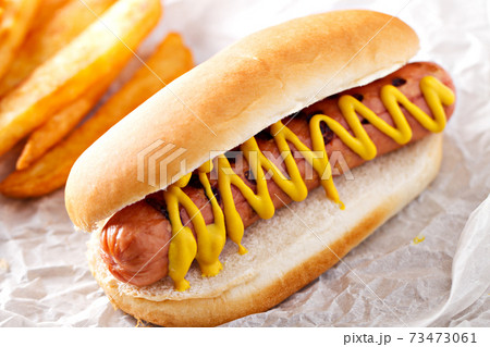 Hotdog with fries, sauce and french fries. High quality photo. Hotdog with fries, sauce and french fries. High quality photo. 73473061