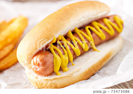 Hotdog with fries, sauce and french fries. High quality photo. Hotdog with fries, sauce and french fries. High quality photo. 73473086