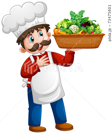 Chef man holding vegetable bucket cartoon character isolated on white background Chef man holding vegetable bucket cartoon character isolated on white background 73475601