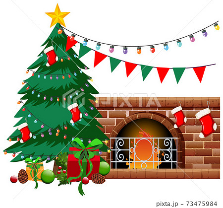 Fireplace with Christmas tree and objects on white background 73475984