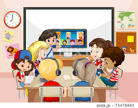 Children using laptop for communicate video conference with teacher and friends in the classroom scene 73476665