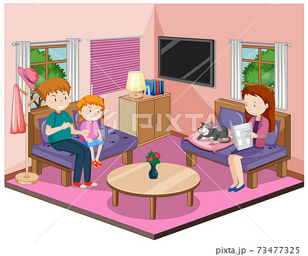 Happy family in the living room with furnitures in pink theme Happy family in the living room with furnitures in pink theme 73477325