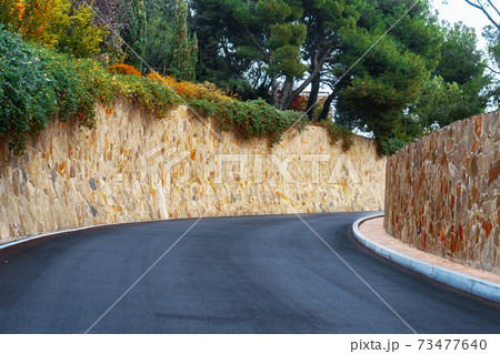 Picturesque concrete slope walkway with plants on the sides Picturesque concrete slope walkway with plants on the sides 73477640