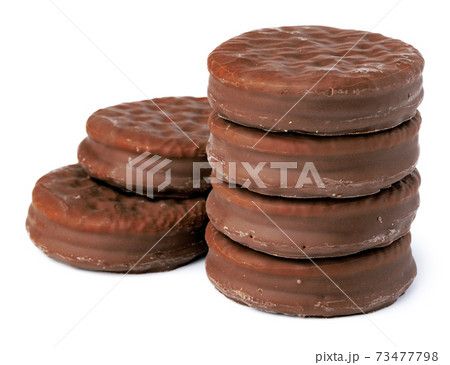 Chocolate cookies in glaze isolated on white background 73477798