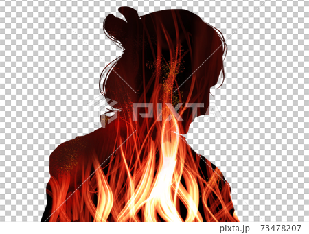 メラメラ燃える心の炎と江戸時代サムライ役の歌舞伎役者のイラスト素材