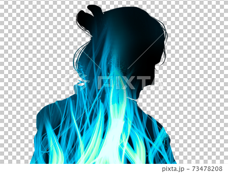 メラメラ燃える心の炎と江戸時代サムライ役の歌舞伎役者切り絵風イラストのイラスト素材