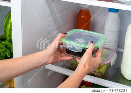 Female hands taking storage box with food from a fridge Female hands taking storage box with food from a fridge 73478222