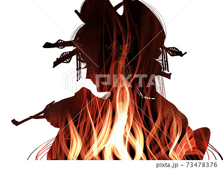 メラメラ燃える心の炎と江戸時代サムライ役の歌舞伎役者のイラスト素材