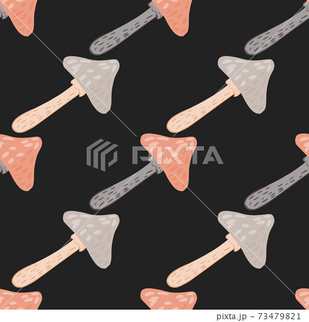 Contrast seamless doodle pattern with red and purple light mushroom silhouettes. Black background. Contrast seamless doodle pattern with red and purple light mushroom silhouettes. Black background. 73479821