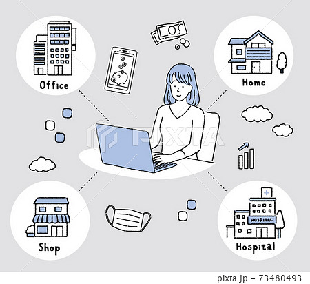 ステイホーム ノートパソコンのネットワークのイラストのイラスト素材