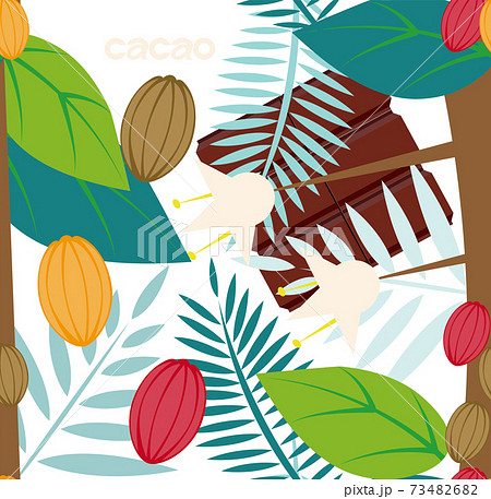 トロピカルなカカオ豆の木とチョコレートのシームレスパターンのイラスト素材 7346