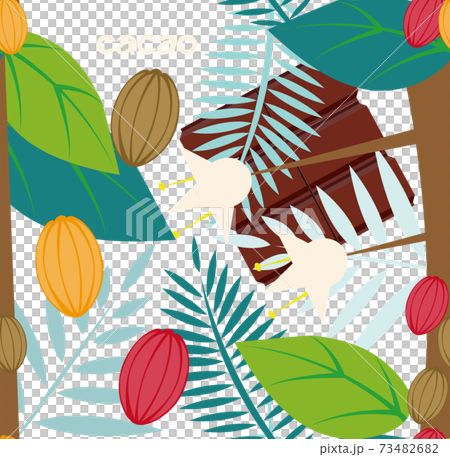 トロピカルなカカオ豆の木とチョコレートのシームレスパターン トロピカルなカカオ豆の木とチョコレートのシームレスパターン 73482682