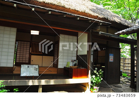 神奈川県大磯町 鴫立庵と敷地内の新緑の写真素材