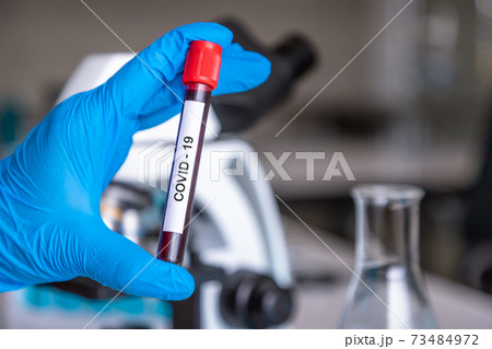 Researcher or medical technician doctor holding test tube contain blood sample with COVID-19 infection in laboratory for research to discover vaccine.. 73484972