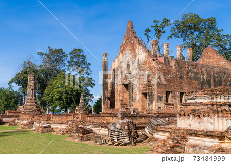 Ancient ruin Buddhist temple and ordinance chapel made of brick, Wat Pho Prathap Chang built Phra Chao Suea (Tiger King) or Suriyenthrathibodi since Ayutthaya period, in Phichit, Thailand Ancient ruin Buddhist temple and ordinance chapel made of brick, Wat Pho Prathap Chang built Phra Chao Suea (Tiger King) or Suriyenthrathibodi since Ayutthaya period, in Phichit, Thailand 73484999