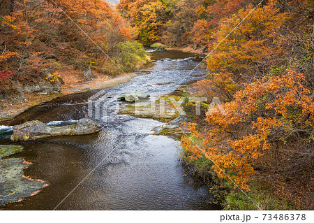 群馬県 紅葉に包まれた 吹割の滝 上流部の写真素材
