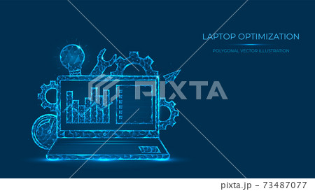 Abstract polygonal vector illustration of laptop optimization. Low poly concept of laptop made from lines and dots. Search engine optimization. Abstract polygonal vector illustration of laptop optimization. Low poly concept of laptop made from lines and dots. Search engine optimization. 73487077