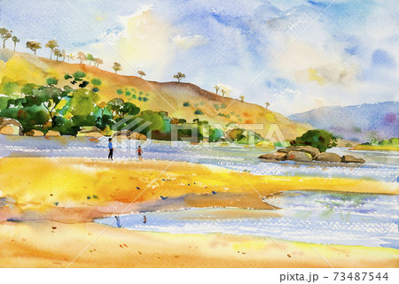 Painting of vacation summer holiday father and son 73487544