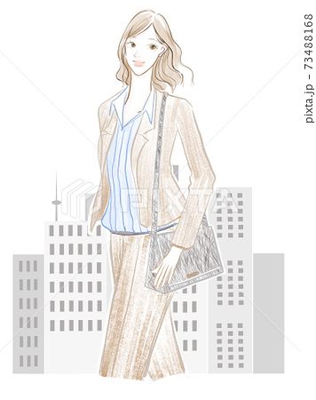 ビル街を颯爽と歩くオフィスで働くかっこいい女性のオシャレなイラストのイラスト素材