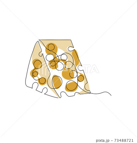 Continuous one line drawing. Cheese piece. Vector illustration. Minimal abstract art. Black linear art on white background with colorful spots Continuous one line drawing. Cheese piece. Vector illustration. Minimal abstract art. Black linear art on white background with colorful spots 73488721