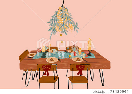 Illustration of festively decorated dining table Illustration of festively decorated dining table 73489944