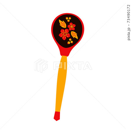 Wooden decorated spoon. Kitchen elements with painted ornaments, traditional folklore plants of Russia. Berries flowers and leaves decor vector illustration in khokhloma. Wooden decorated spoon. Kitchen elements with painted ornaments, traditional folklore plants of Russia. Berries flowers and leaves decor vector illustration in khokhloma. 73490172