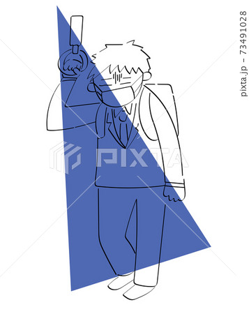 通勤電車の中で体調不良のマスクの会社員男性シンプル線画イラストのイラスト素材