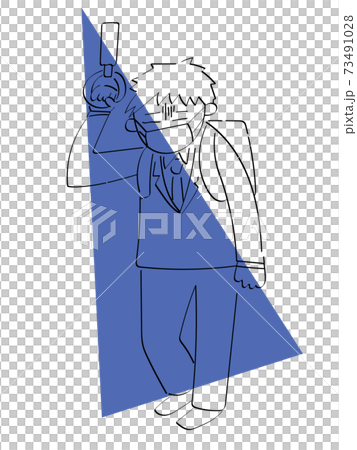 在通勤火車上感覺不舒服的男性上班族戴著面具的簡單線條畫插圖 73491028