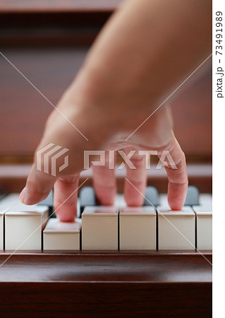 ウォルナットのアップライトピアノを弾く女性の指 ウォルナットのアップライトピアノを弾く女性の指 73491989