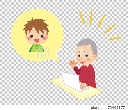 孫とビデオ通話をする可愛いおじいちゃんのイラスト　ファミリー 73493177