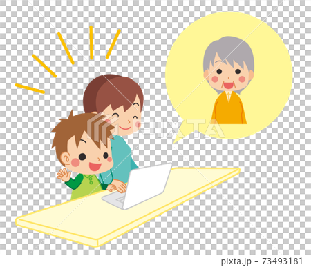 おばあちゃんにオンライン通話をかける小さい男の子とその母親のイラスト 三世代ファミリー おばあちゃんにオンライン通話をかける小さい男の子とその母親のイラスト 三世代ファミリー 73493181