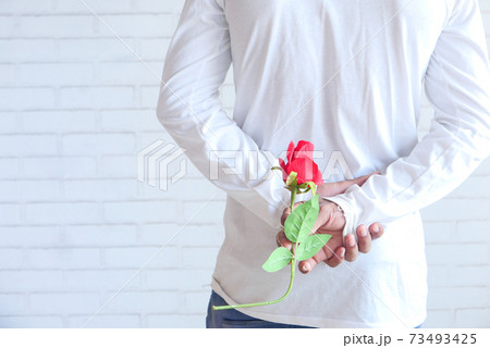 unrecognized man hand holding rose flower on white background  73493425