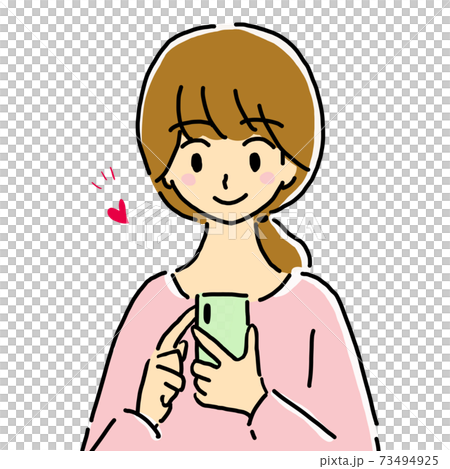 開心的年輕女子，操作智能手機的插圖 73494925