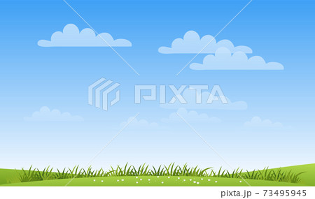 A banner with a simple spring landscape, a meadow with green grass and a blue sky with clouds and copy space. Modern summer background with place for text. Flat cartoon vector illustration. A banner with a simple spring landscape, a meadow with green grass and a blue sky with clouds and copy space. Modern summer background with place for text. Flat cartoon vector illustration. 73495945
