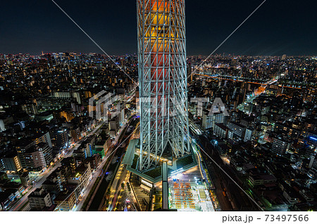 東京スカイツリー　押上　浅草　午後　都心　東京　夜空　雲　橋　鉄骨　隅田川　言問橋 73497566