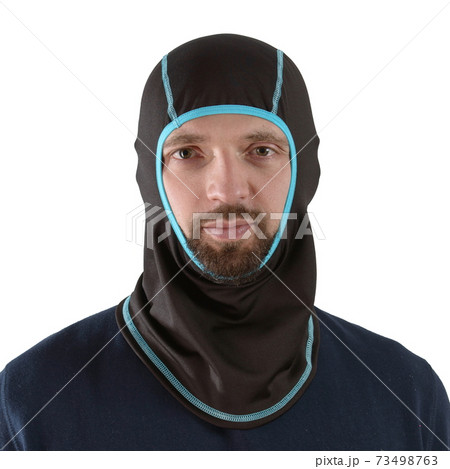 brunette man in a blue shirt with a black balaclava with blue edging brunette man in a blue shirt with a black balaclava with blue edging 73498763